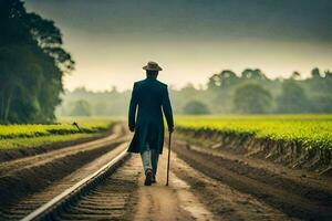 ein Mann im ein passen Spaziergänge Nieder ein Eisenbahn Schiene. KI-generiert foto