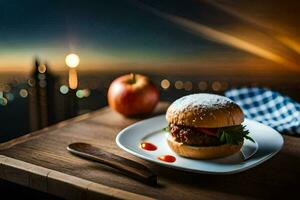 ein Hamburger und Apfel auf ein Teller mit ein Aussicht von das Stadt. KI-generiert foto