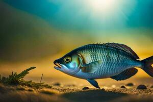 ein Fisch ist Gehen auf das Sand mit das Sonne leuchtenden. KI-generiert foto