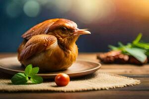 ein Hähnchen ist Sitzung auf ein Teller mit Tomaten und Kräuter. KI-generiert foto