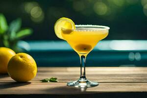 ein Cocktail mit Zitrone und Minze auf ein hölzern Tisch. KI-generiert foto