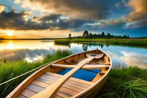 ein Boot auf das See beim Sonnenuntergang. KI-generiert foto