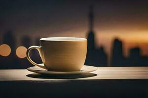 ein Kaffee Tasse sitzt auf ein Tabelle im Vorderseite von ein Stadt Horizont. KI-generiert foto