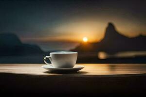 Kaffee Tasse auf Tabelle mit Berge im das Hintergrund. KI-generiert foto