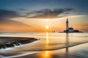 das Sonne setzt Über ein Leuchtturm auf das Strand. KI-generiert foto