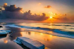 Sonnenuntergang auf das Strand, Wellen, Wolken, Wasser, Strand, hd Hintergrund. KI-generiert foto