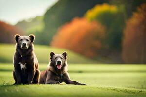 zwei braun Bären Sitzung auf das Gras im Vorderseite von Bäume. KI-generiert foto