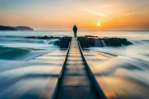 ein Mann Stehen auf ein Seebrücke suchen beim das Sonne Rahmen Über das Ozean. KI-generiert foto