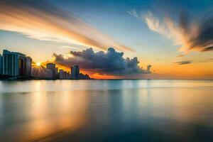 das Sonne setzt Über das Stadt Horizont im Miami. KI-generiert foto