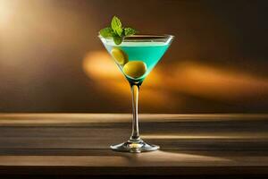 Blau Cocktail im ein Martini Glas auf ein hölzern Tisch. KI-generiert foto