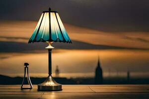 ein Lampe auf ein Tabelle mit ein Stadt im das Hintergrund. KI-generiert foto