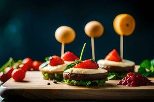 klein Vorspeisen mit Erdbeeren und Käse auf ein hölzern Tafel. KI-generiert foto