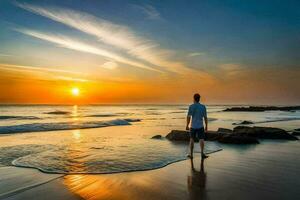 ein Mann steht auf das Strand beim Sonnenuntergang. KI-generiert foto