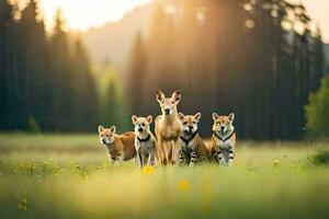 ein Gruppe von Hirsch Stehen im ein Feld. KI-generiert foto