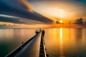 ein lange Seebrücke erstreckt sich in das Ozean beim Sonnenuntergang. KI-generiert foto