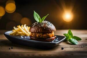 ein Burger mit Fritten auf ein schwarz Platte. KI-generiert foto