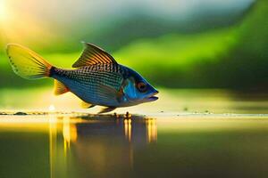 ein Fisch ist Stehen auf das Wasser mit das Sonne leuchtenden. KI-generiert foto