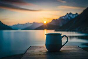 ein Tasse von Kaffee auf ein Tabelle im Vorderseite von ein See beim Sonnenuntergang. KI-generiert foto