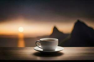 Kaffee Tasse auf das Tisch, Berge, Sonnenaufgang, Sonnenaufgang, Sonnenaufgang, Sonnenaufgang, Sonnenaufgang,. KI-generiert foto