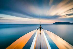 ein Boot ist Segeln im das Ozean beim Sonnenuntergang. KI-generiert foto