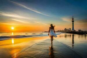 ein Frau Gehen auf das Strand beim Sonnenuntergang. KI-generiert foto