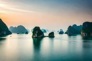 das Sonne setzt Über das Wasser im Halong Bucht, Vietnam. KI-generiert foto