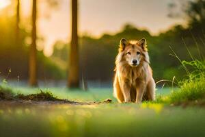 ein Hund Sitzung im das Gras beim Sonnenuntergang. KI-generiert foto