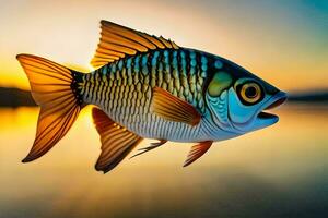 ein Fisch ist Schwimmen im das Wasser beim Sonnenuntergang. KI-generiert foto