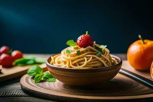 Spaghetti mit Erdbeeren und Minze Blätter im ein Schüssel. KI-generiert foto