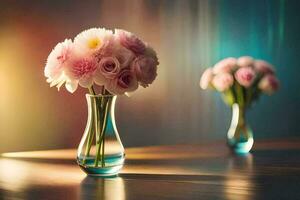 Rosa Blumen im ein Vase auf ein Tisch. KI-generiert foto