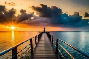 ein Seebrücke mit ein Leuchtturm beim Sonnenuntergang. KI-generiert foto