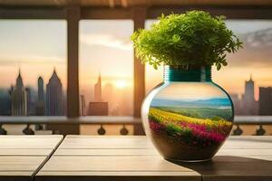 ein Vase mit ein Pflanze Innerhalb ist auf ein Tabelle mit ein Stadt Sicht. KI-generiert foto