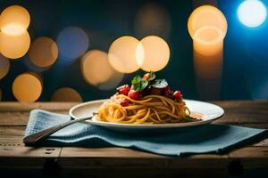 Spaghetti mit Tomate und Basilikum auf ein Platte. KI-generiert foto