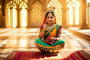 ein schön indisch Frau Sitzung auf ein Fußboden im ein Tempel. KI-generiert foto