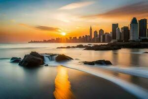 das Sonnenuntergang Über das Stadt Horizont im Manhattan. KI-generiert foto