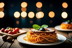 Spaghetti mit Tomate Soße und Basilikum Blätter auf ein Platte. KI-generiert foto