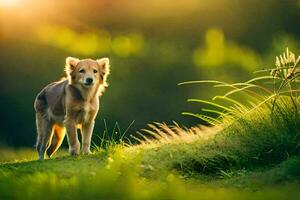 ein Hund Stehen im das Gras auf ein sonnig Tag. KI-generiert foto