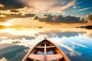 ein Boot ist schwebend im das Wasser beim Sonnenuntergang. KI-generiert foto