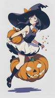 vorbereiten zum Halloween ein süß jung Mädchen und seine Kürbis im Anime Stil mit einfach Hintergrund foto