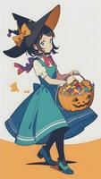vorbereiten zum Halloween ein süß jung Mädchen und seine Kürbis im Anime Stil mit einfach Hintergrund foto