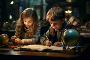 süß Kinder tun Hausaufgaben im Klassenzimmer beim Schule. generieren ai foto