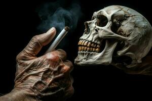 Konzept halt Rauchen mit Mensch Schädel auf schwarz Hintergrund. generieren ai foto