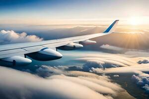 ein Flugzeug Flügel fliegend über Wolken. KI-generiert foto