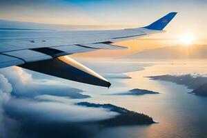 ein Flugzeug Flügel ist fliegend Über ein Körper von Wasser. KI-generiert foto