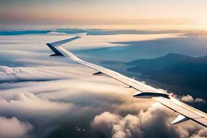 ein Flugzeug Flügel fliegend Über das Wolken. KI-generiert foto