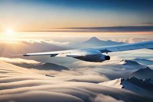 ein Flugzeug fliegend Über das Berge beim Sonnenuntergang. KI-generiert foto