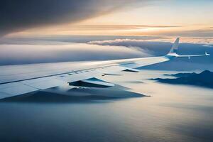 ein Flugzeug Flügel fliegend Über das Ozean und Berge. KI-generiert foto