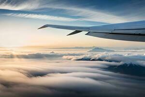 ein Flugzeug Flügel ist fliegend Über das Wolken. KI-generiert foto