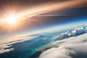 das Sonne ist leuchtenden Über das Berge und Wolken. KI-generiert foto