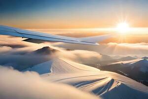 ein Aussicht von das Flügel von ein Flugzeug fliegend Über ein Berg Bereich. KI-generiert foto